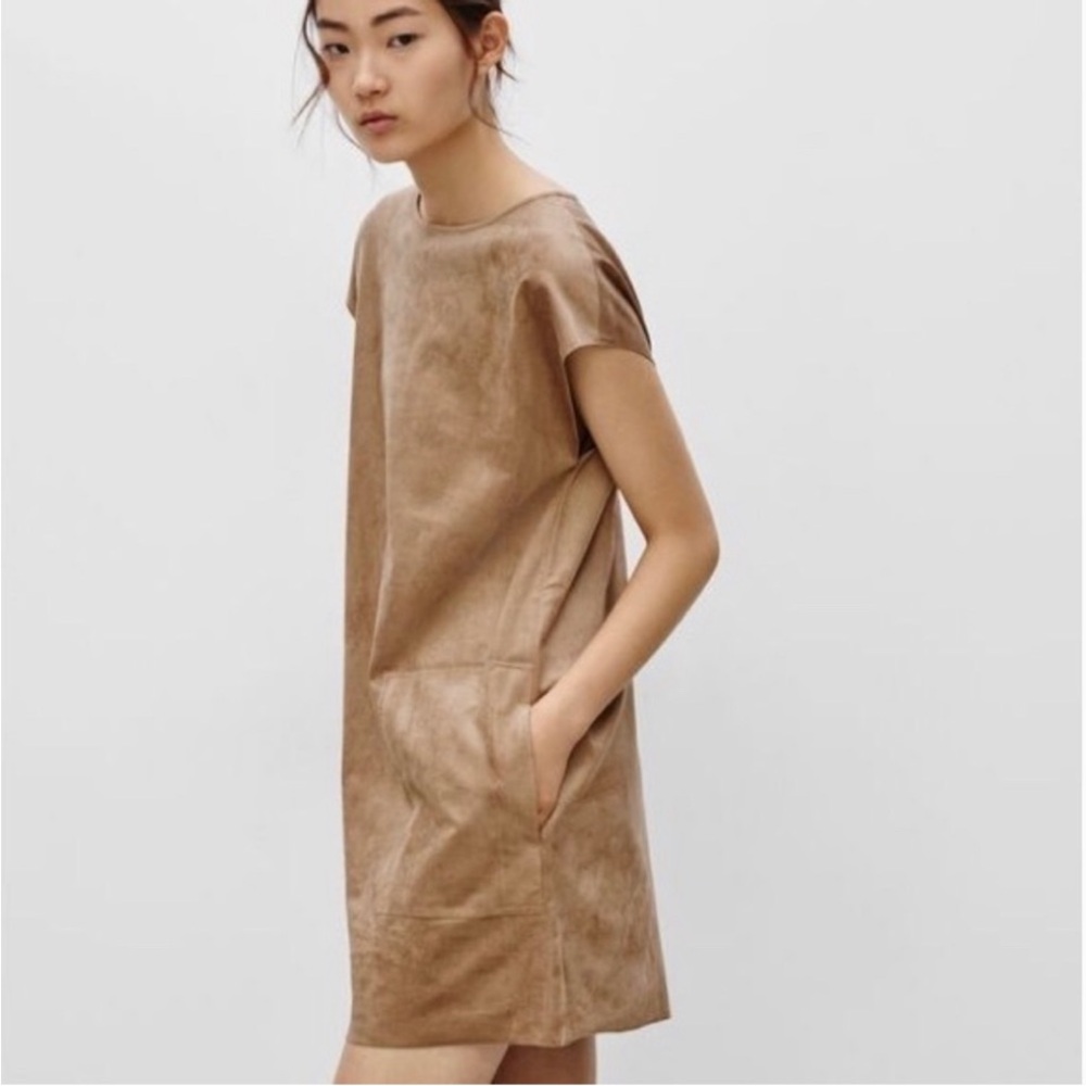 Aritzia Tan Faux-Leather Midi Shift Dress